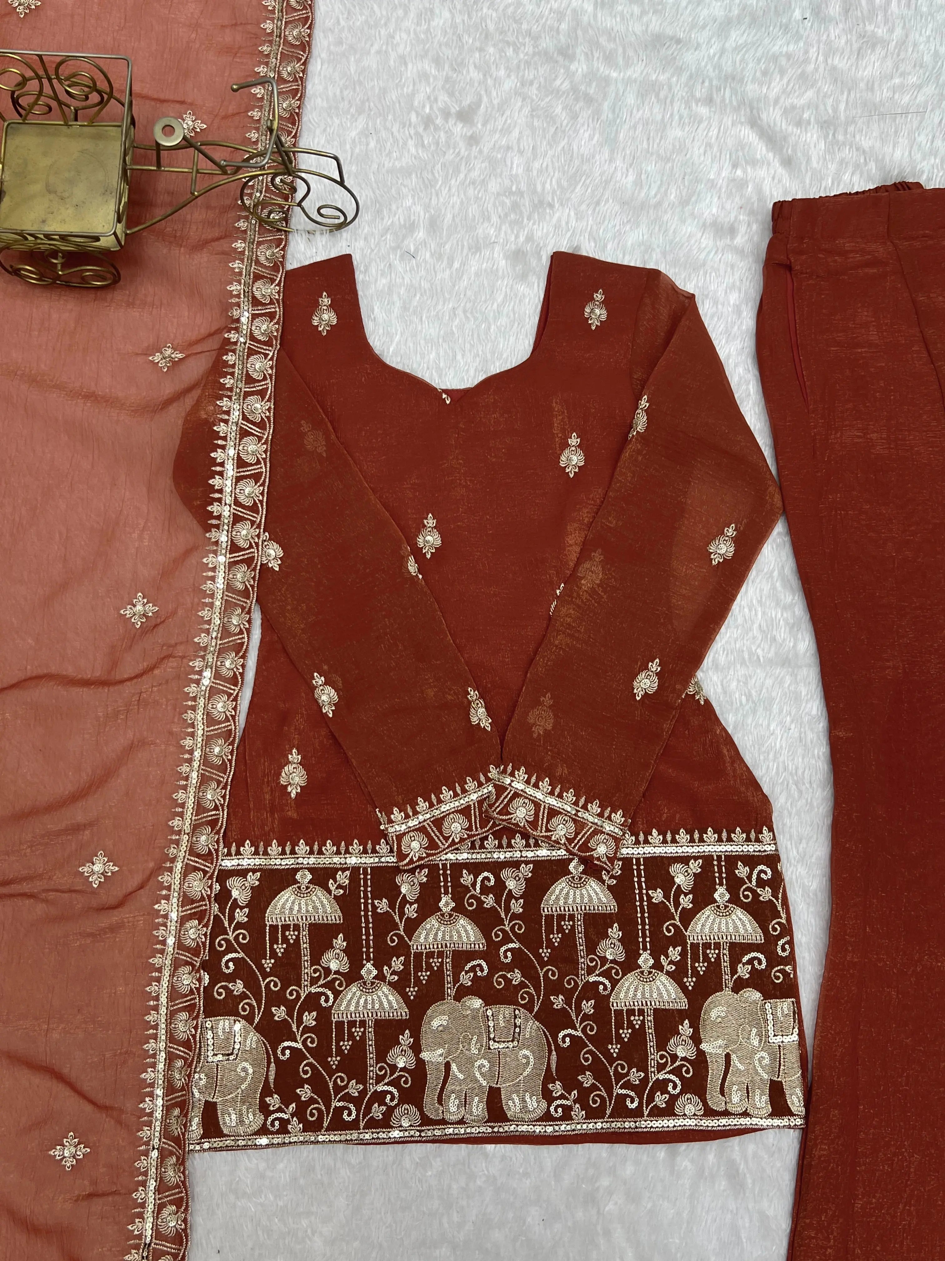 Light Orange Sequins Embroidered Suit Flat Lay – Full Kurta with Elephant Border