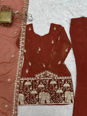 Light Orange Sequins Embroidered Suit Flat Lay – Full Kurta with Elephant Border