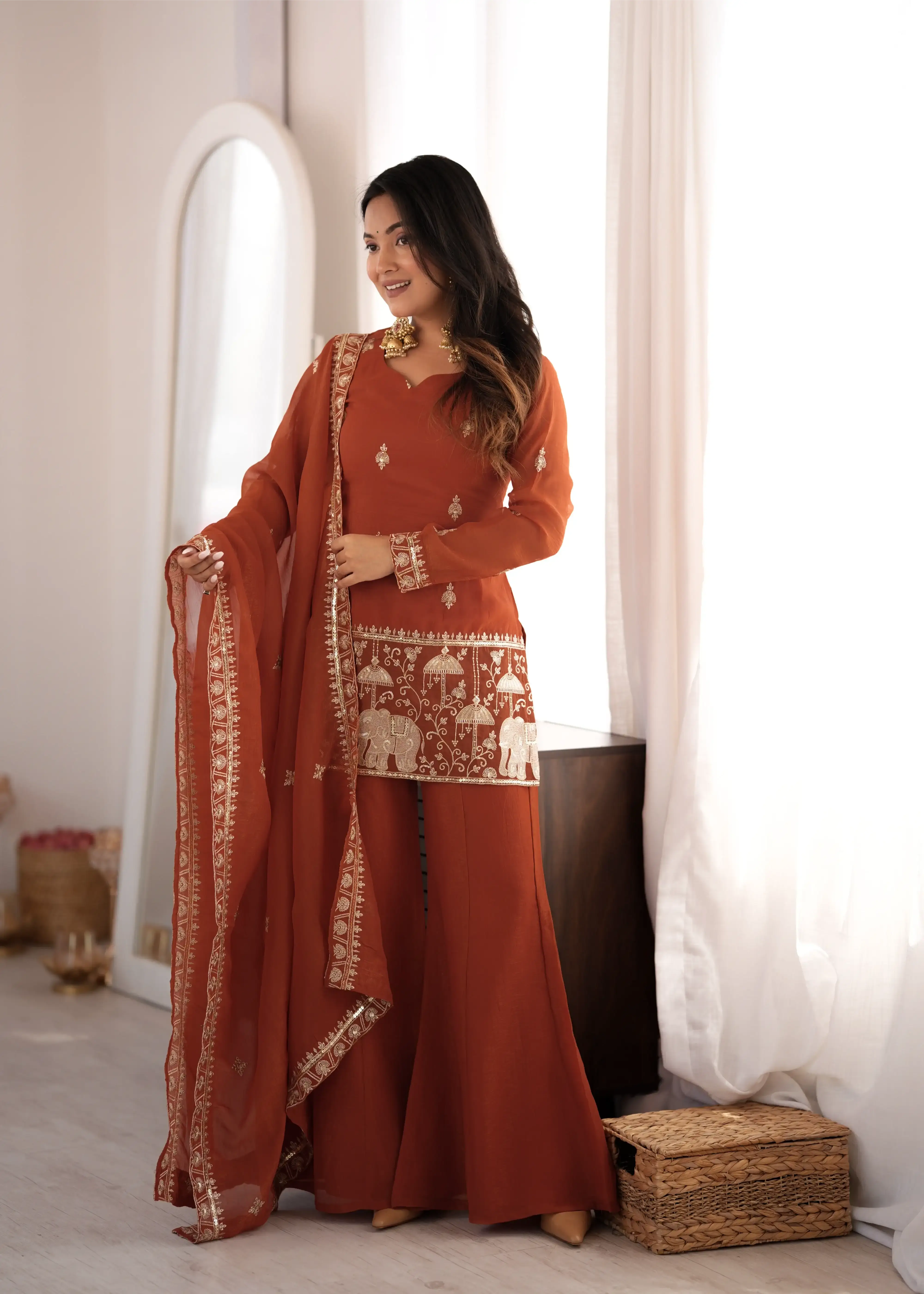 Light Orange Bell Bottom Suit with Dupatta – Full Length Front View