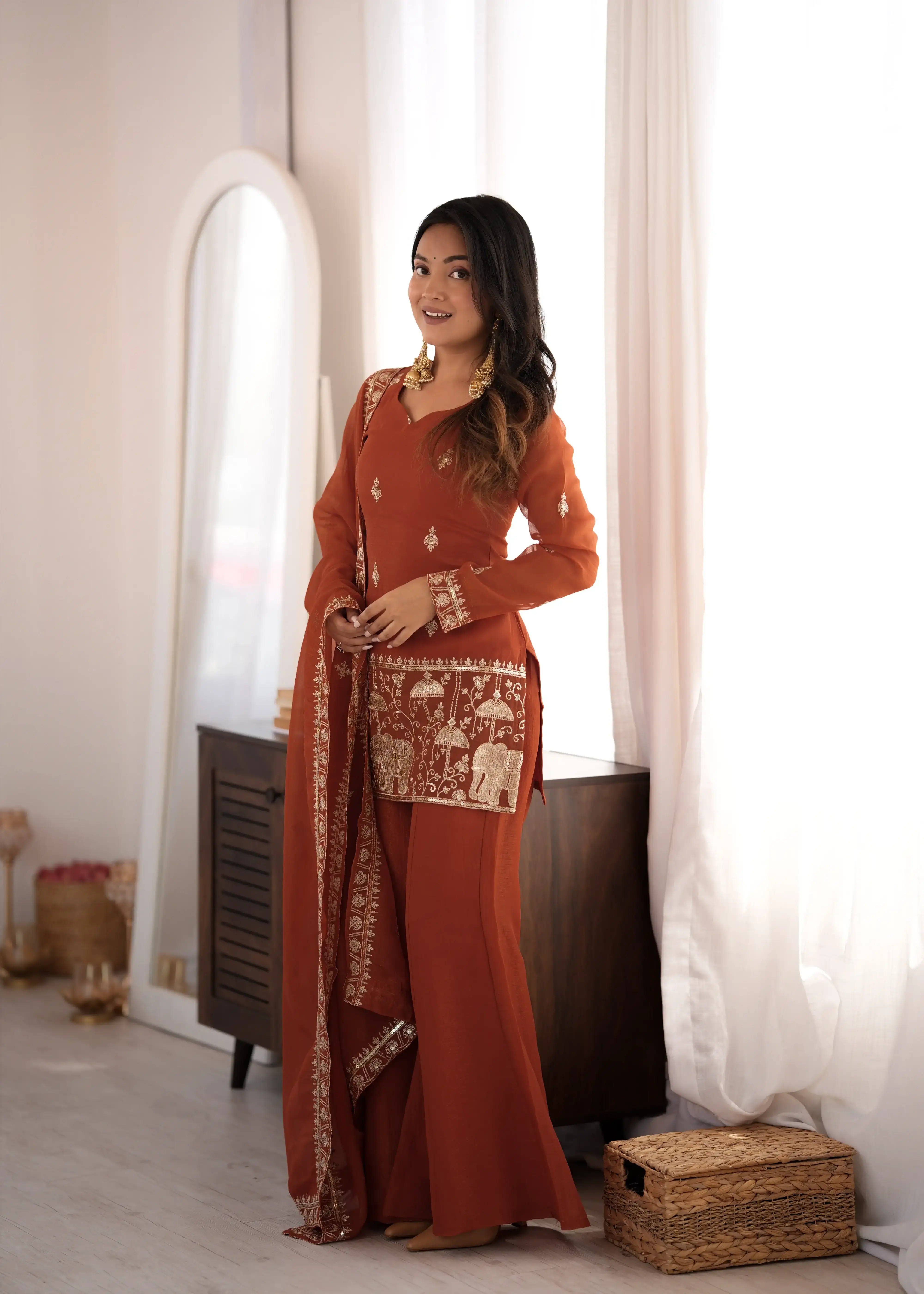 Light Orange Elephant Motif Suit – Front Model View with Dupatta Draping