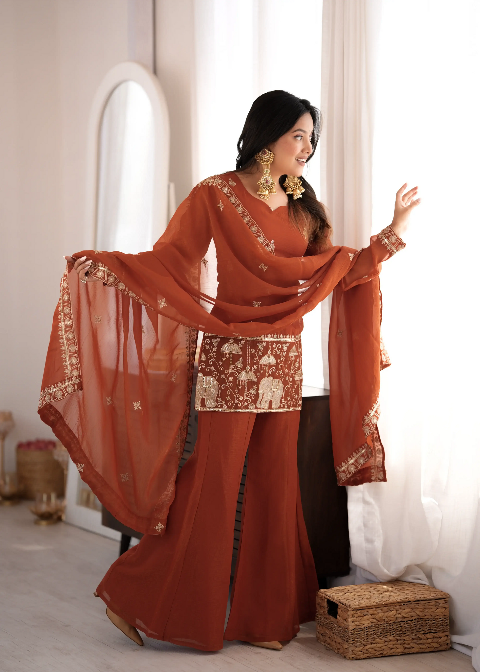 Light Orange Suit with Bell Bottom Pant – Dupatta Spread Wide Front View
