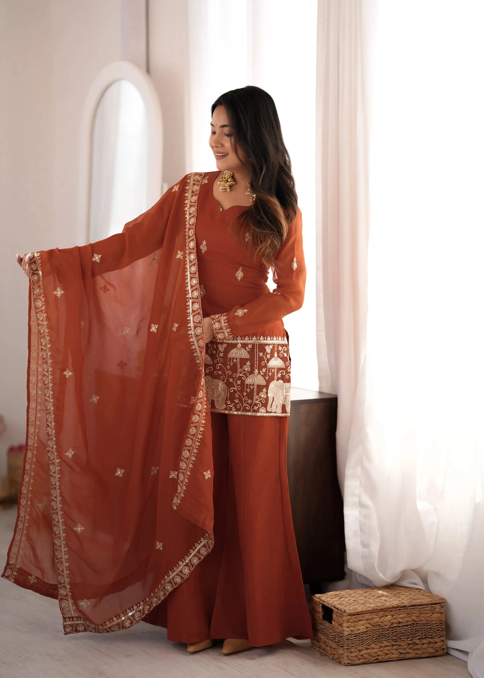 Light Orange Crunchy Silk Suit with Zari Work – Front Standing View