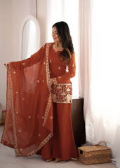 Light Orange Crunchy Silk Suit with Zari Work – Front Standing View