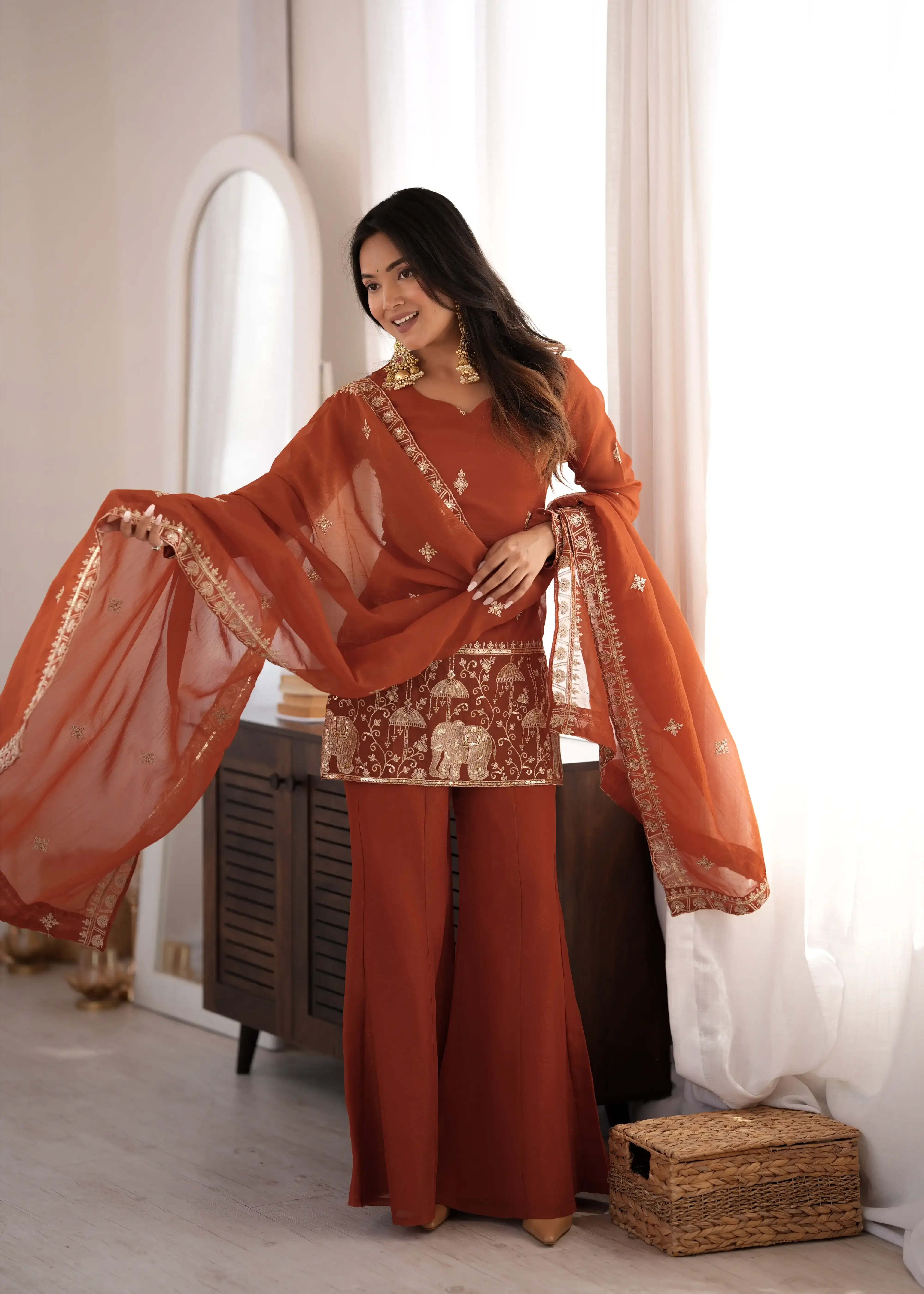 Light Orange Sequins Embroidered Suit in Crunchy Silk Blend – Front Model View