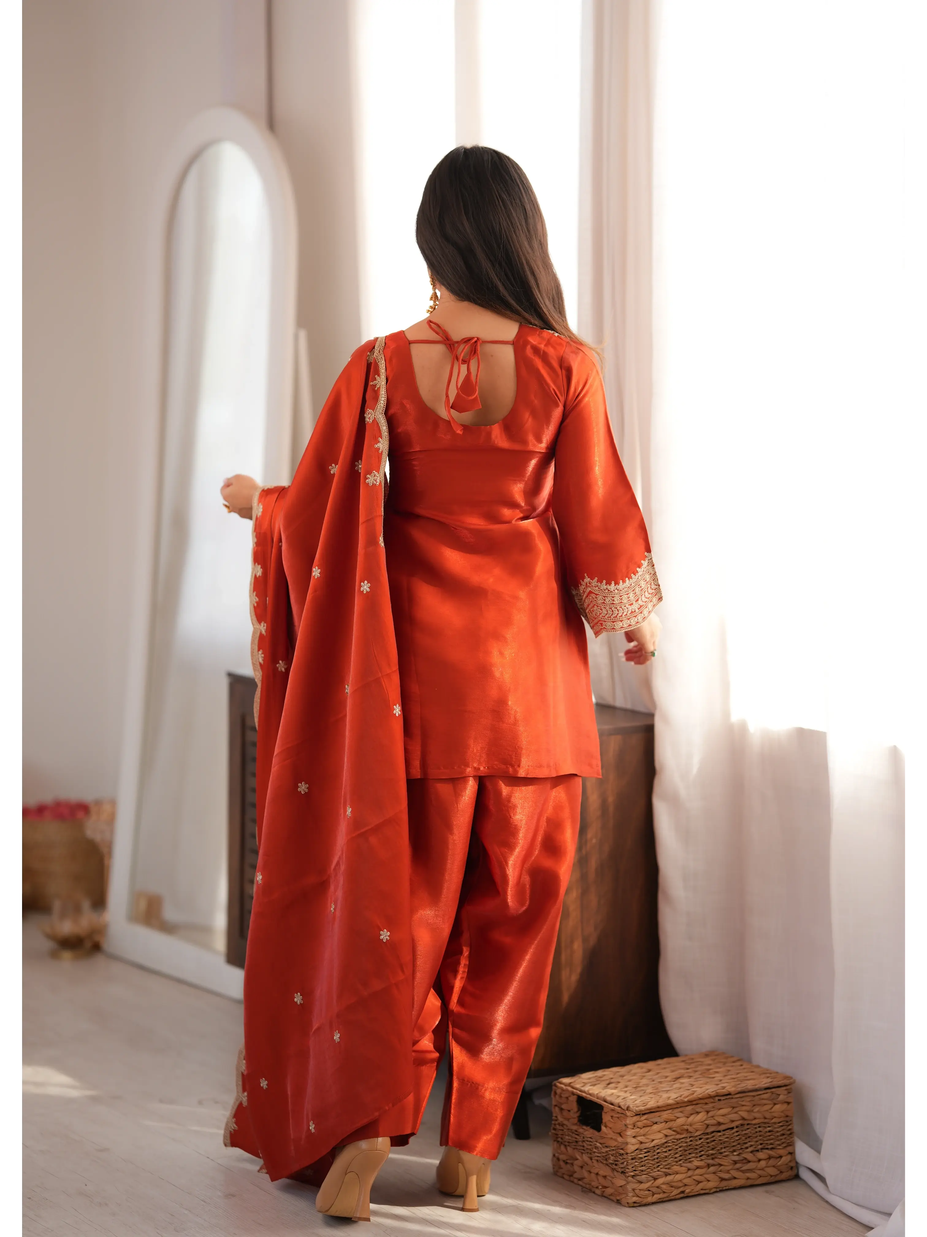 Light Orange Sequins Suit back view with dori tie-up
