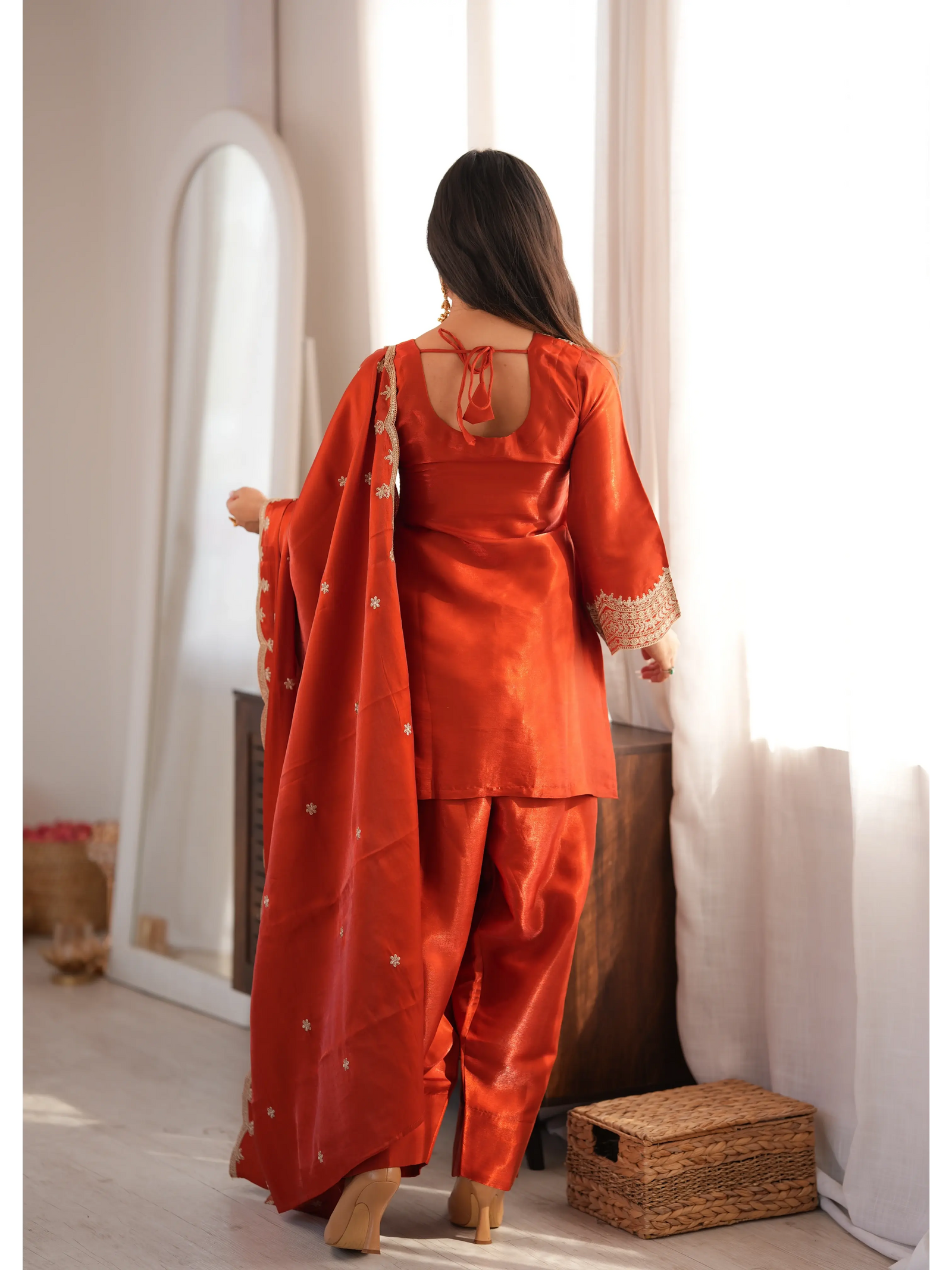 Light Orange Sequins Suit back view with dori tie-up