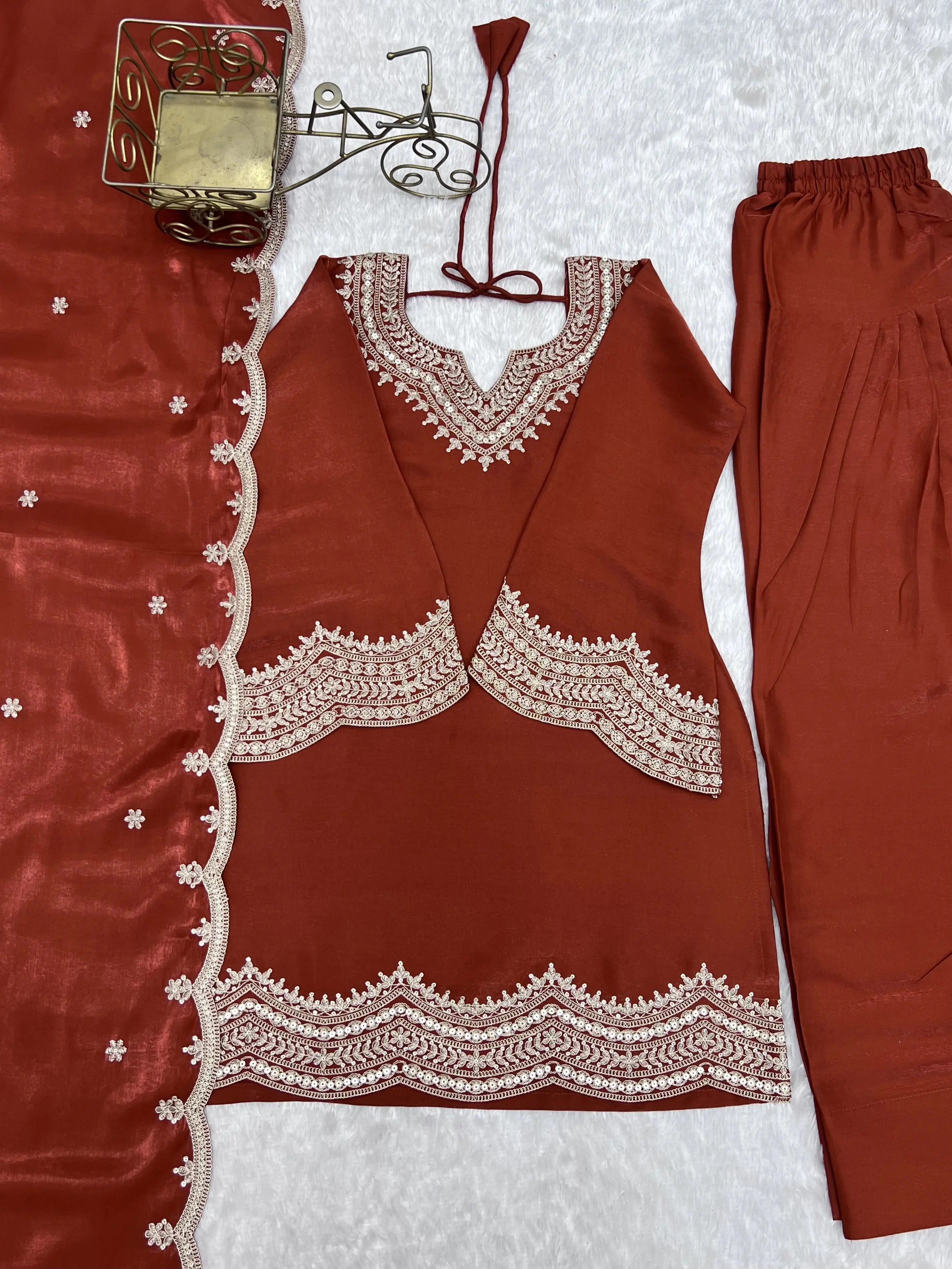 Light Orange Sequins Suit kurta and pants flat lay