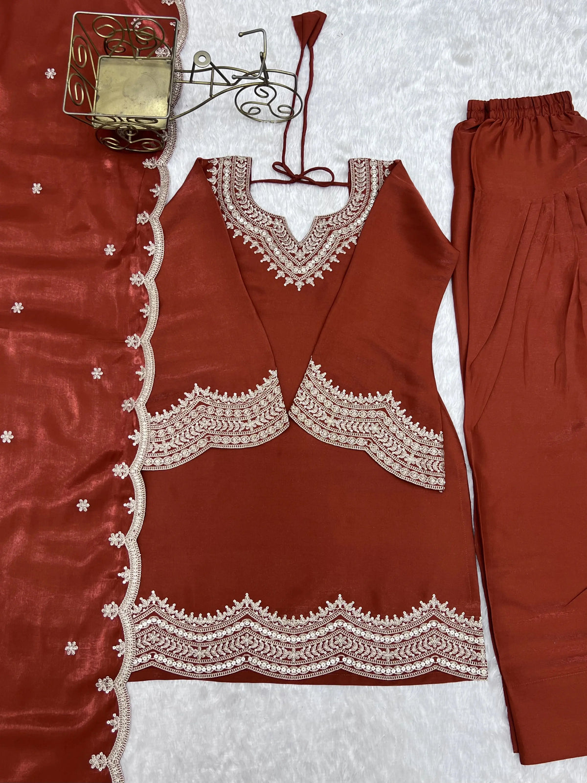 Light Orange Sequins Suit kurta and pants flat lay