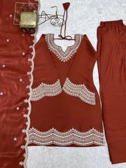 Light Orange Sequins Suit kurta and pants flat lay