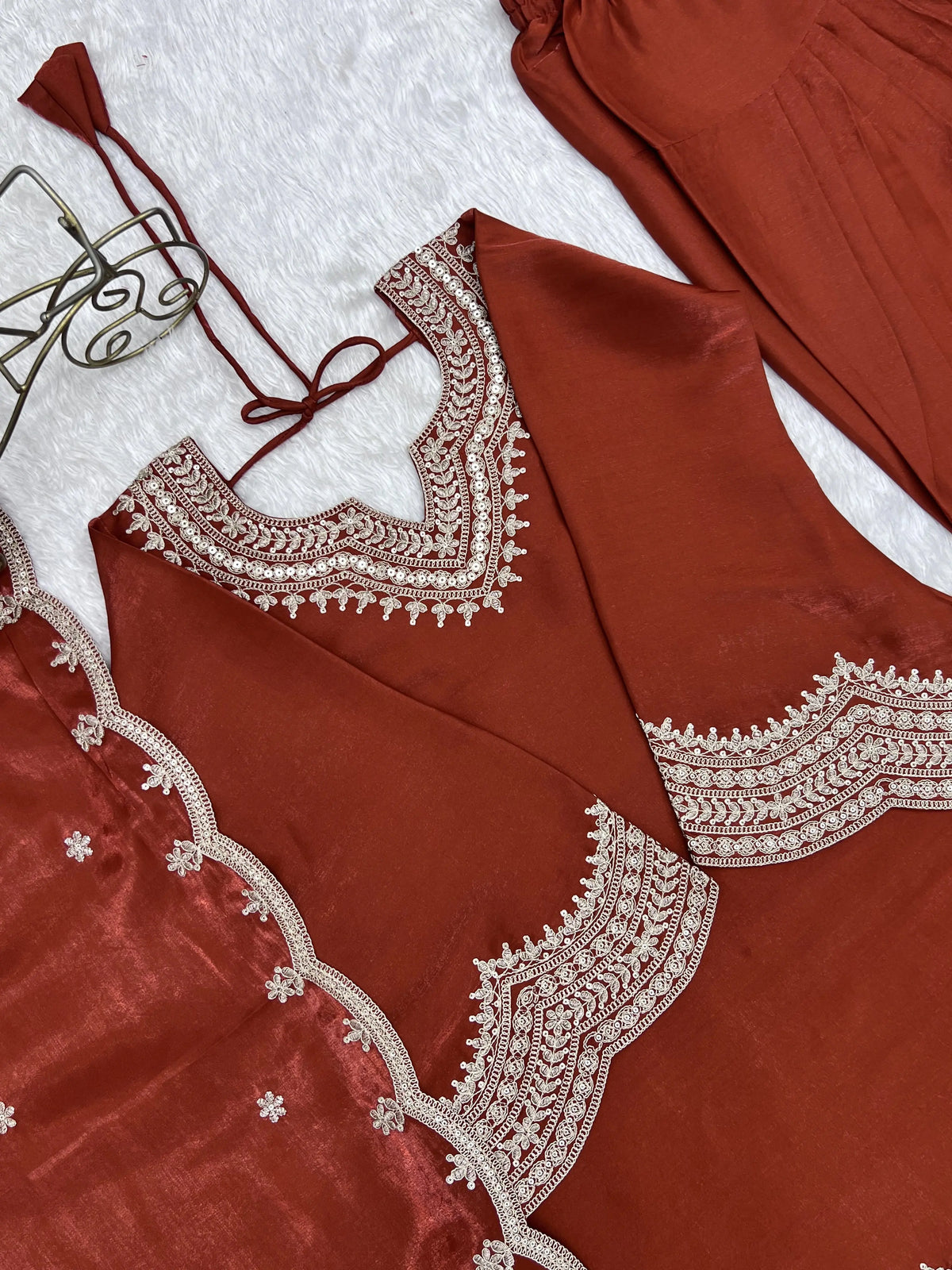 Light Orange Sequins Suit neckline embroidery detail flat lay