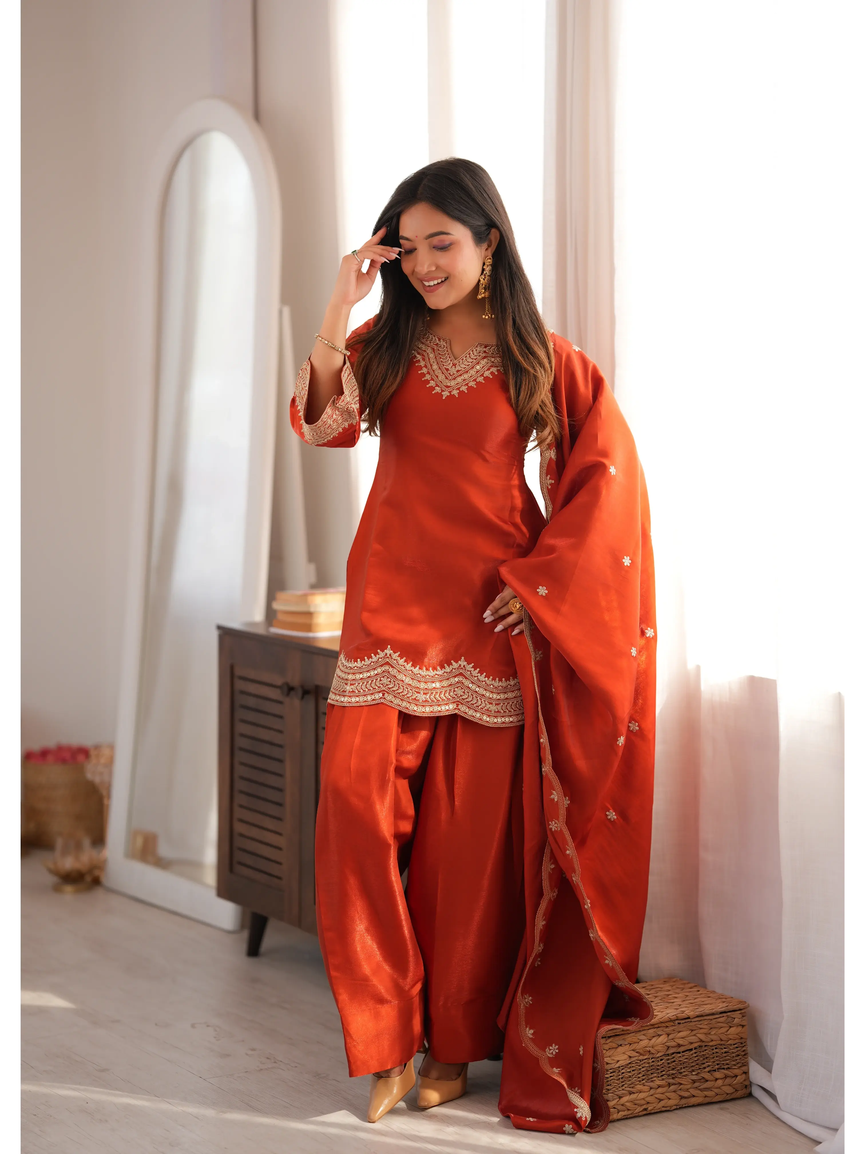 Light Orange Sequins Suit peplum kurta with straight pants
