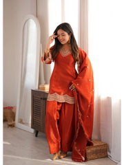 Light Orange Sequins Suit peplum kurta with straight pants