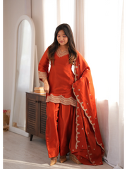 Light Orange Sequins Suit zari embroidered neckline closeup