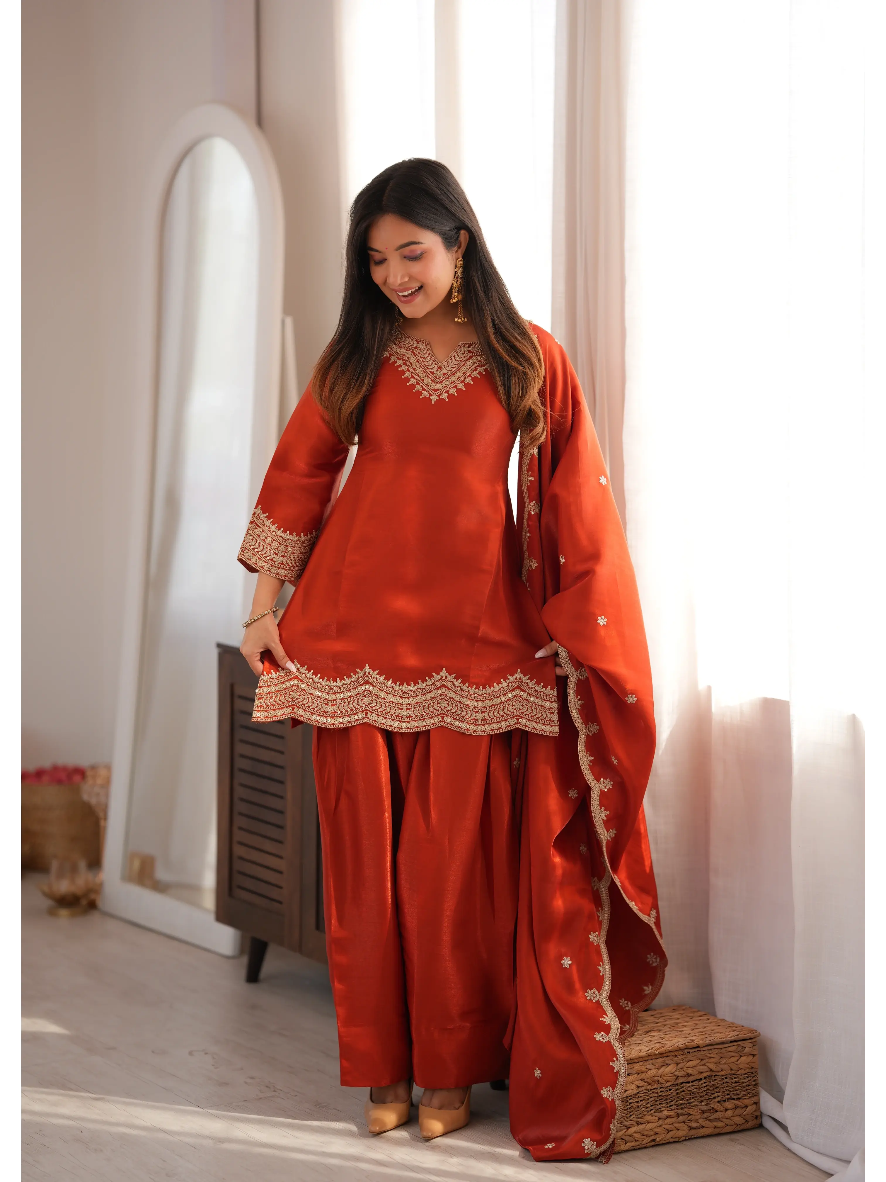 Light Orange Sequins Suit full look with dupatta