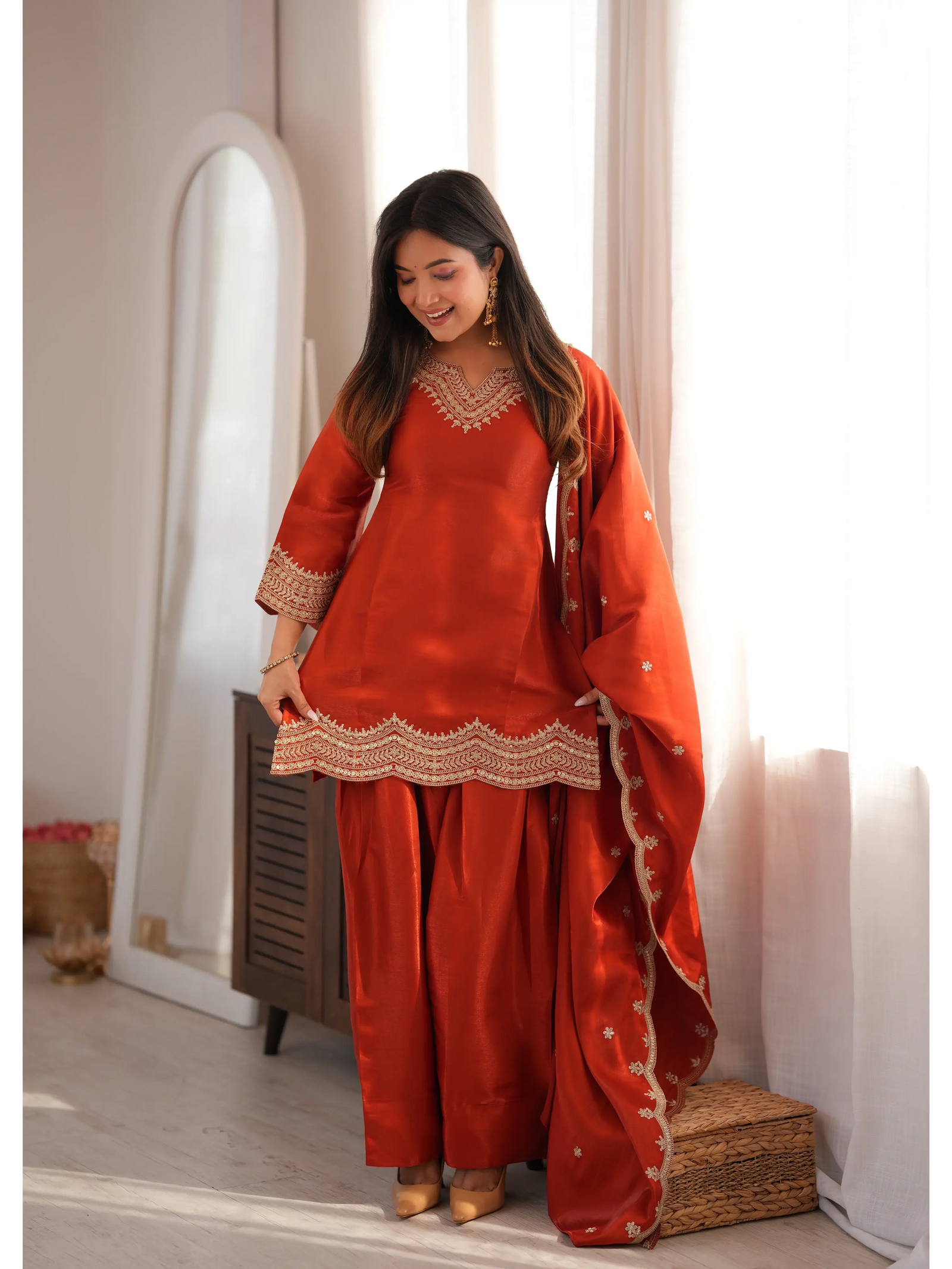 Light Orange Sequins Suit full look with dupatta
