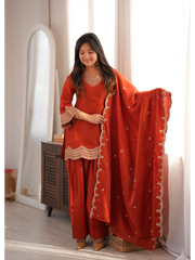 Light Orange Sequins Suit with zari embroidery - front view