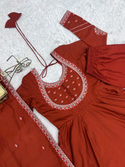 Flat lay close-up of Light Orange Thread Work Anarkali Suit showing neck embroidery