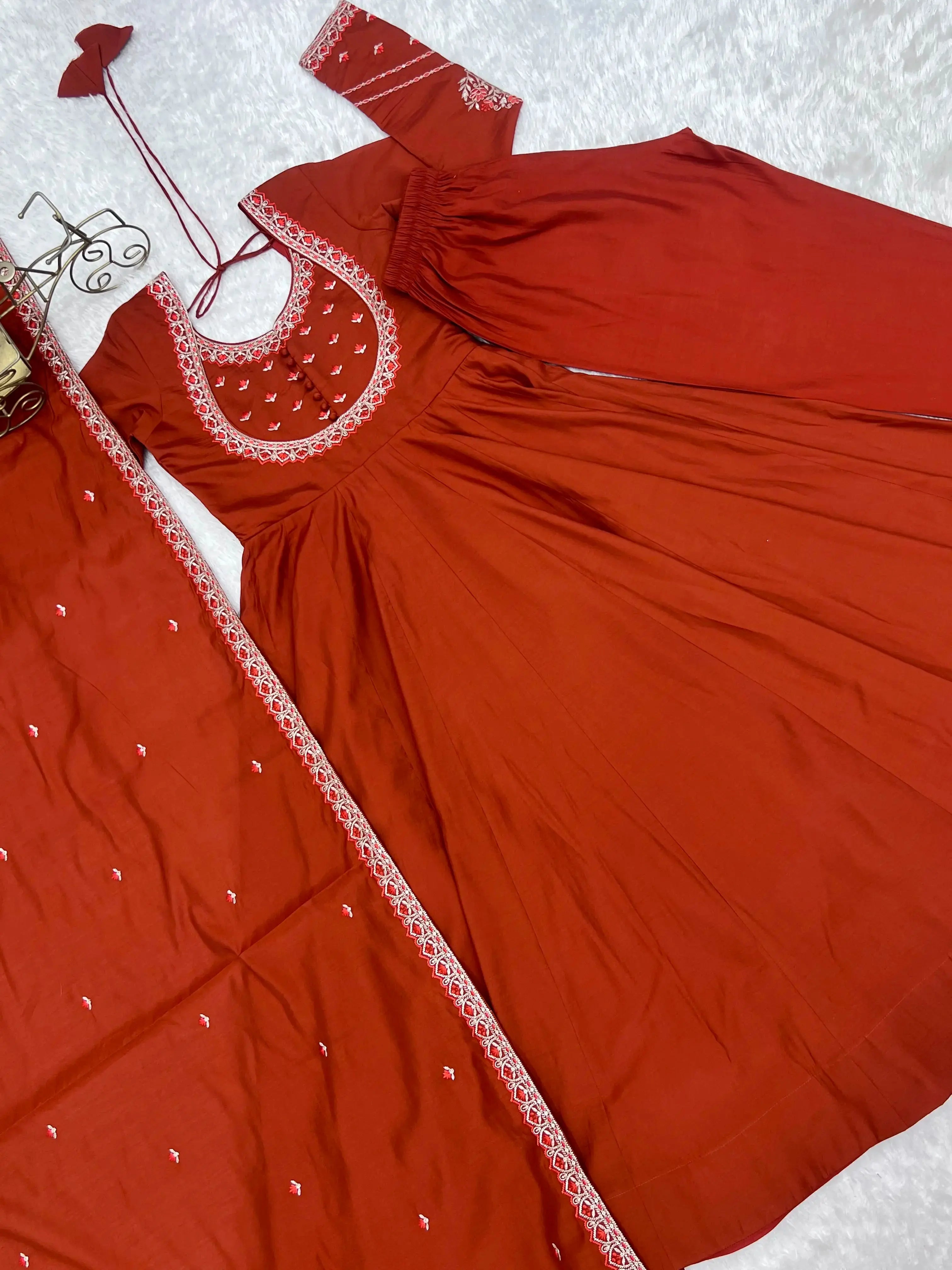 Flat lay of Light Orange Thread Work Anarkali Suit full spread