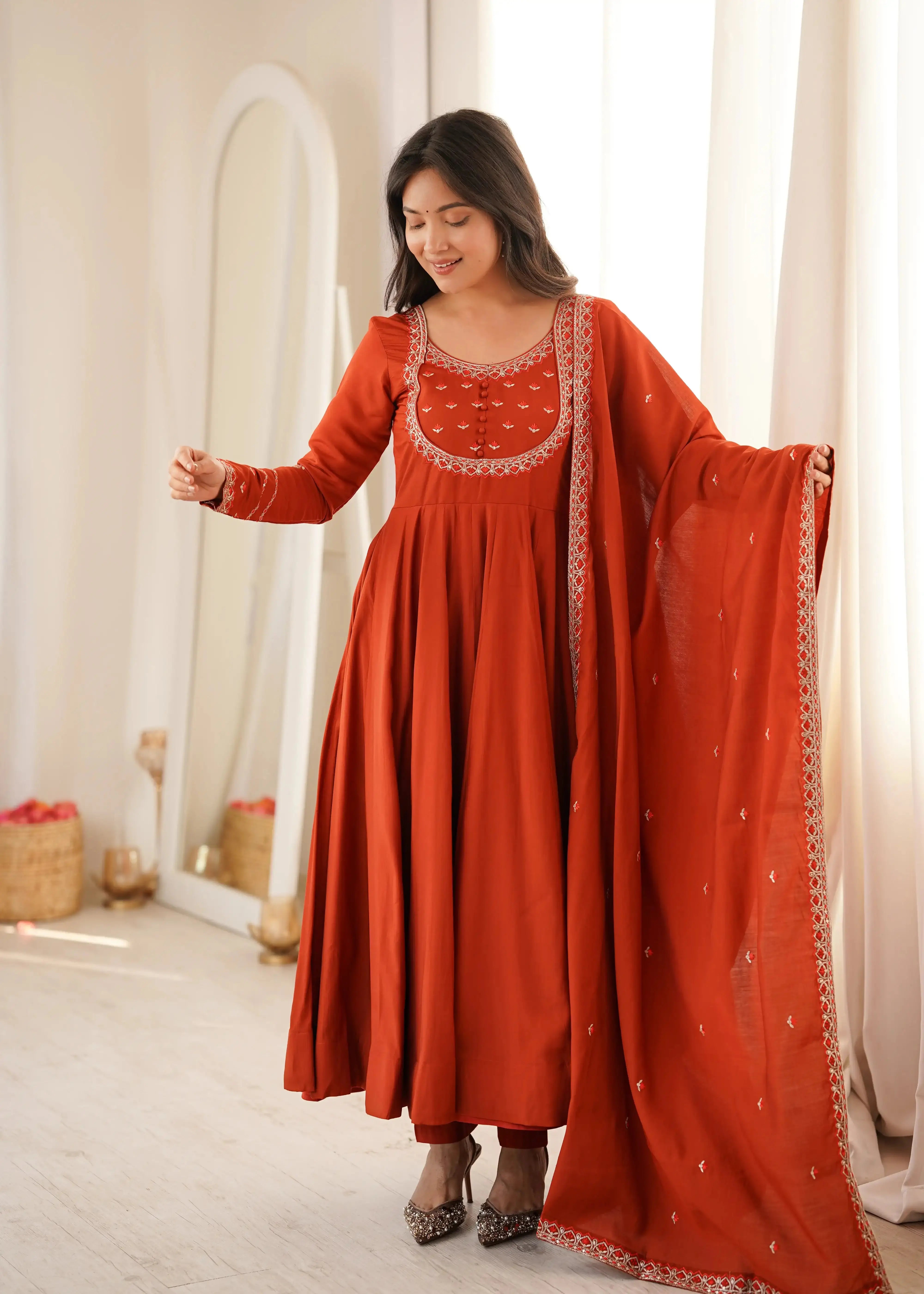 Light Orange Thread Work Anarkali Suit full length front view with pant and dupatta