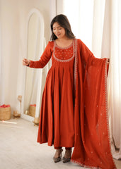 Light Orange Thread Work Anarkali Suit full length front view with pant and dupatta