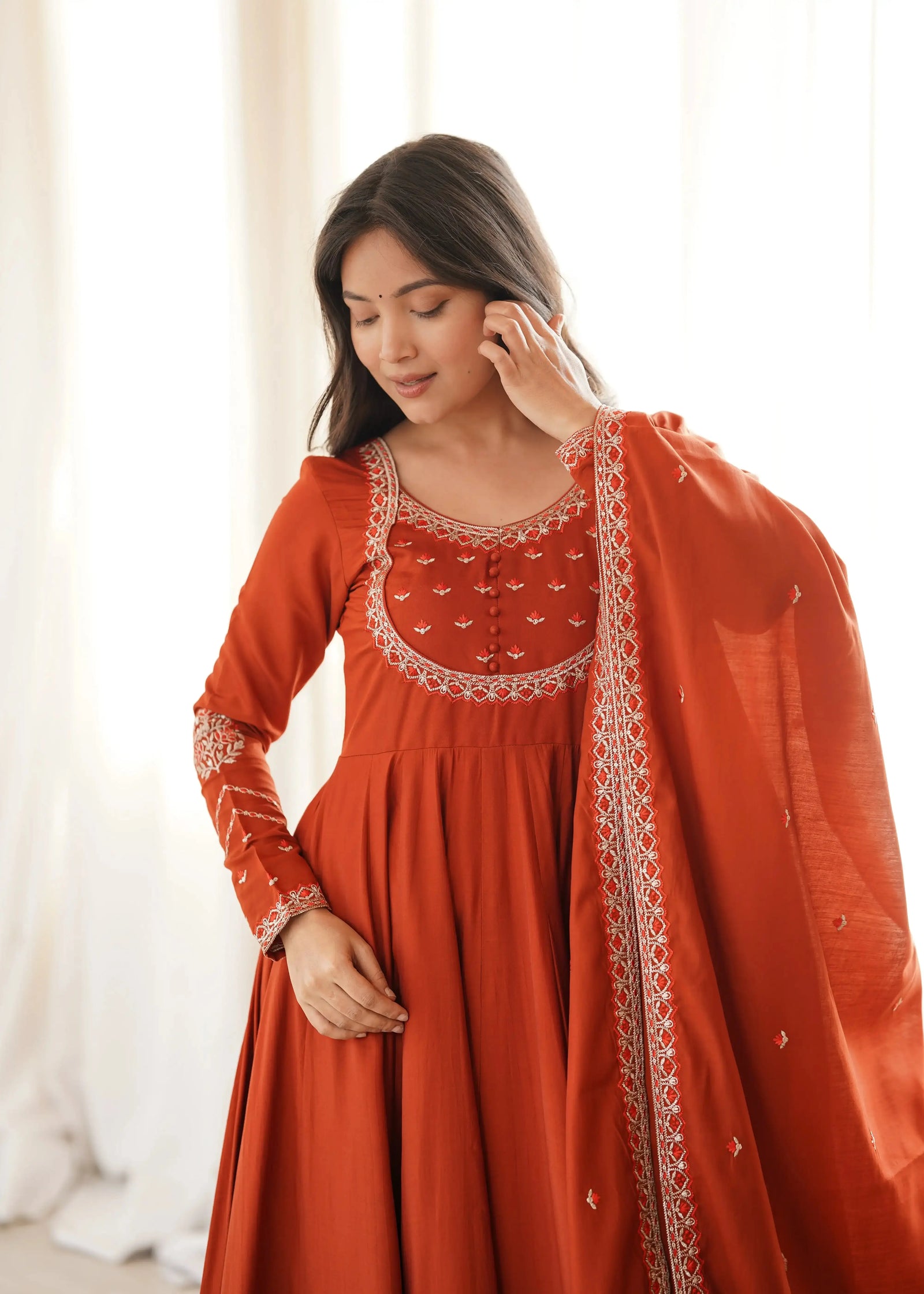 Round neck thread embroidery yoke detail on Light Orange Thread Work Anarkali Suit