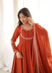 Round neck thread embroidery yoke detail on Light Orange Thread Work Anarkali Suit