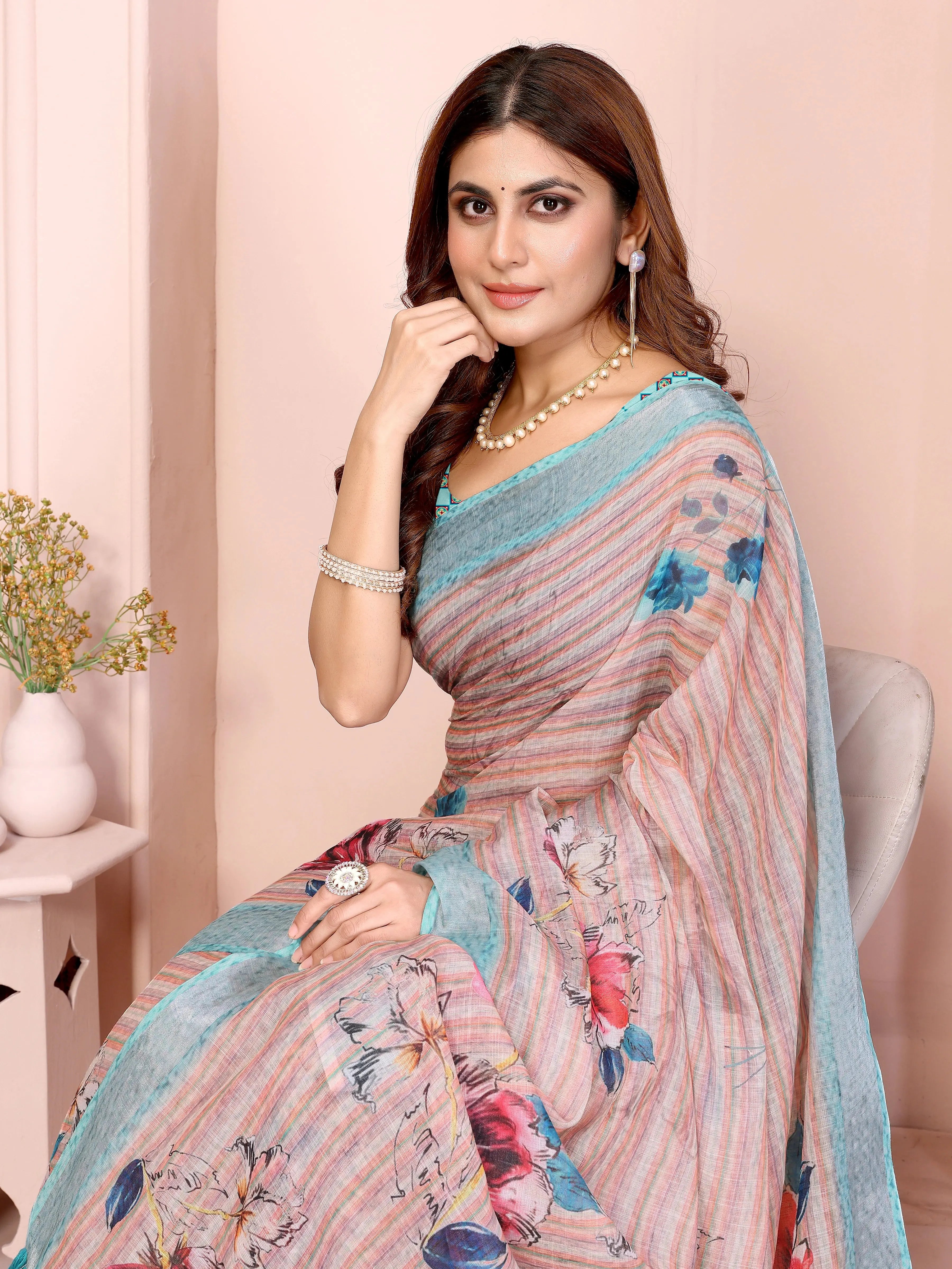 Light Peach Digital Floral Print Saree closeup – digital floral print detail on linen cotton fabric