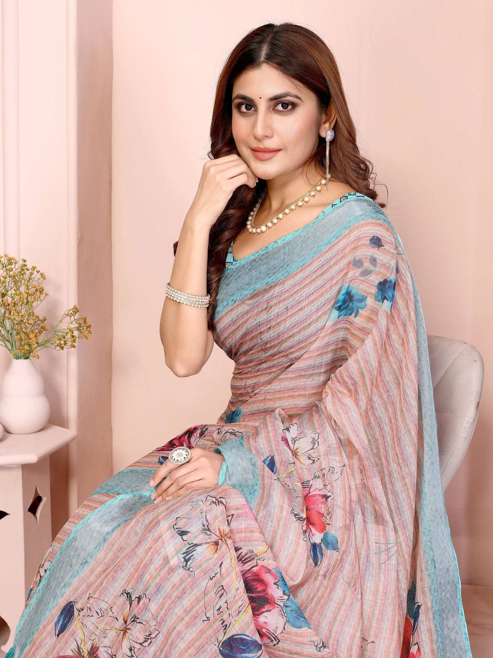 Light Peach Digital Floral Print Saree closeup – digital floral print detail on linen cotton fabric