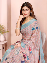 Light Peach Digital Floral Print Saree closeup – digital floral print detail on linen cotton fabric