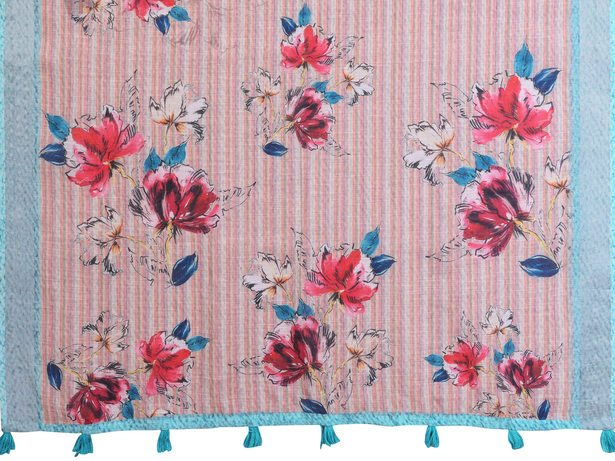 Light Peach Digital Floral Print Saree flat lay – full saree and blouse piece, teal tassel border