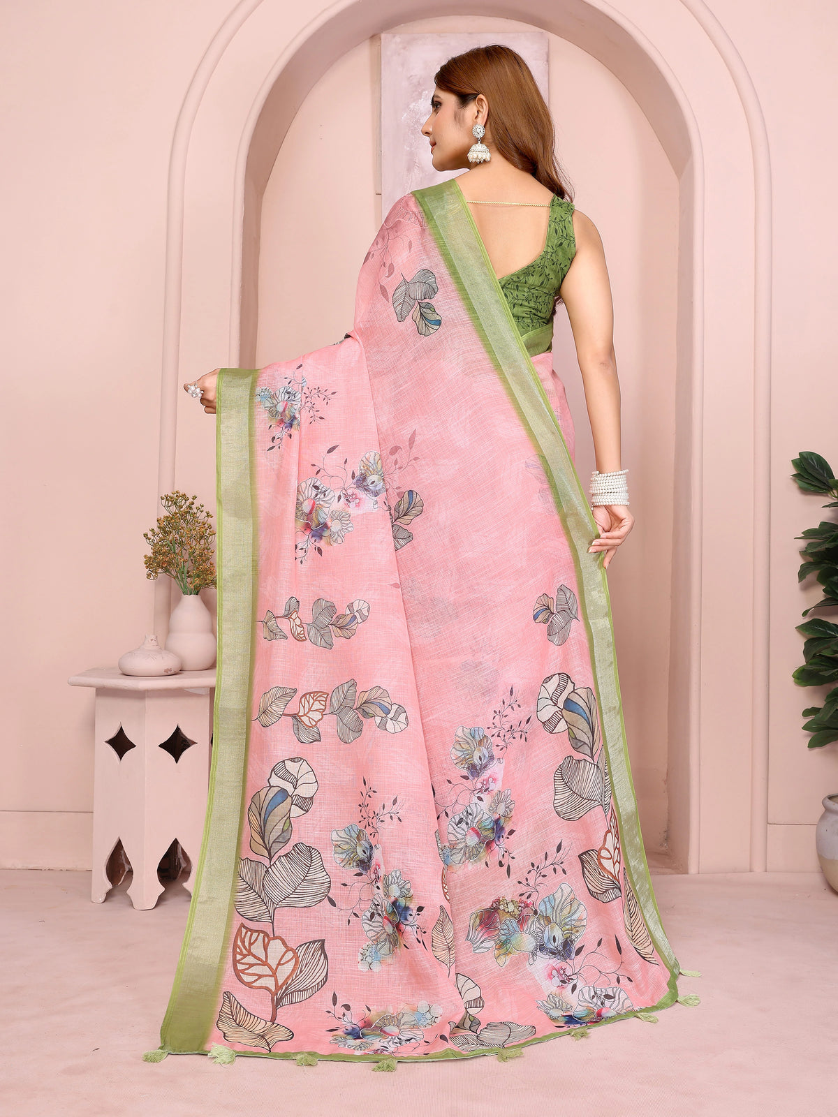 Light Pink Digital Floral Print Saree back view – printed pallu with leaf motifs and olive green contrast border