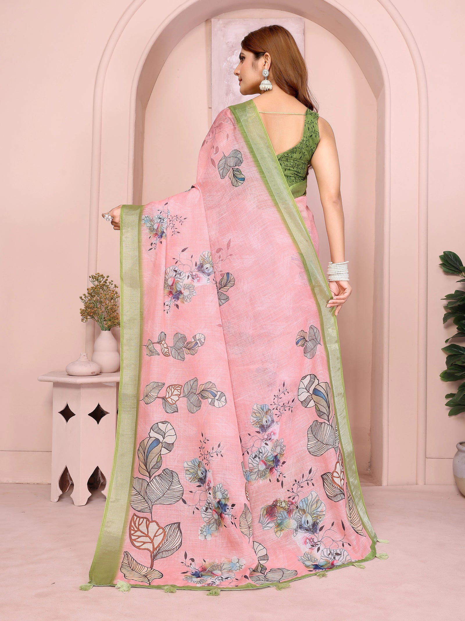 Light Pink Digital Floral Print Saree back view – printed pallu with leaf motifs and olive green contrast border