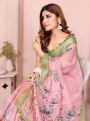 Light Pink Digital Floral Print Saree closeup – pen-sketch leaf and watercolor floral detail on linen cotton