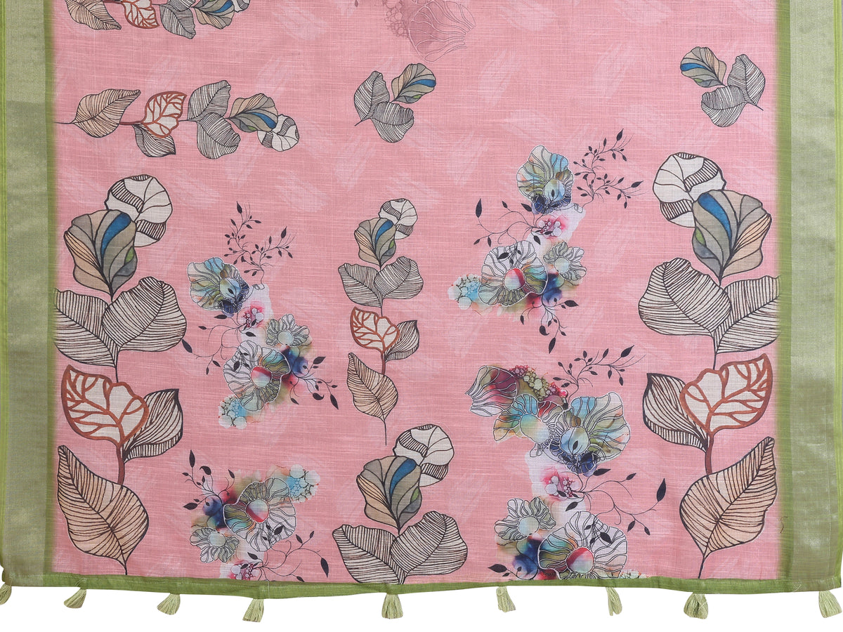 Light Pink Digital Floral Print Saree flat lay – full saree and blouse piece, botanical print with olive green border