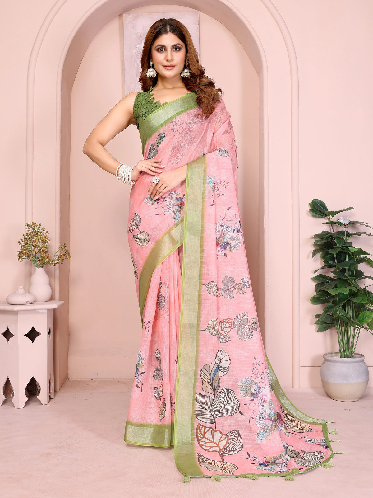 Light Pink Digital Floral Print Saree front view – linen cotton with botanical leaf print and olive green contrast border