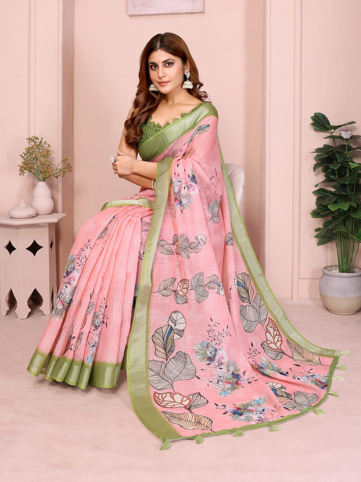 Light Pink Digital Floral Print Saree on model – illustrated leaf and watercolor floral print on soft pink base
