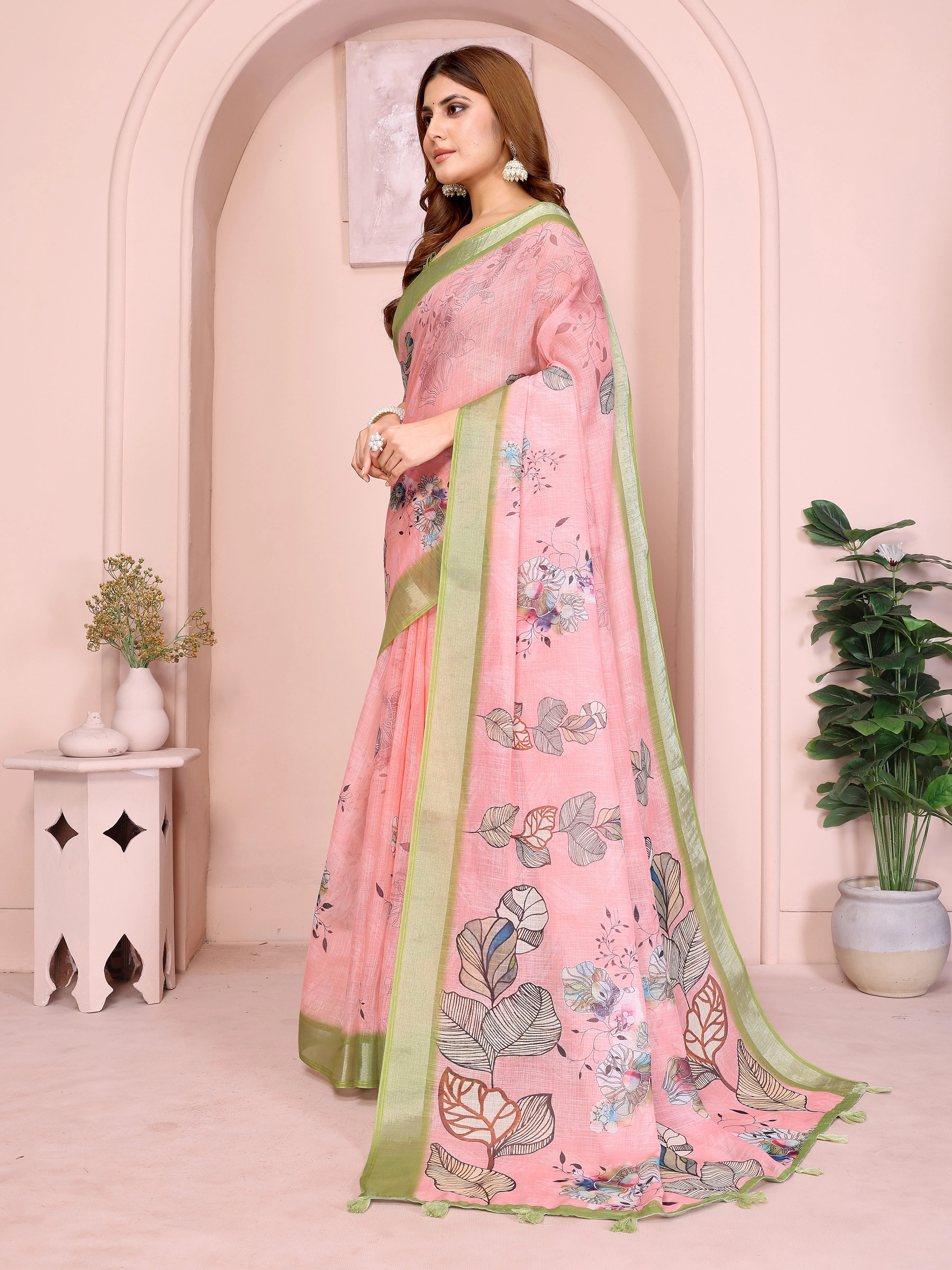 Light Pink Digital Floral Print Saree side drape – botanical pallu with olive green shimmer border and green tassels