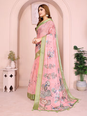 Light Pink Digital Floral Print Saree side drape – botanical pallu with olive green shimmer border and green tassels