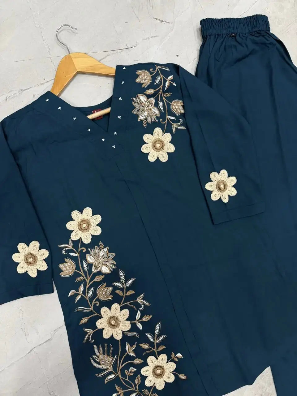 Light Sea Green Coord Set flat lay embroidery closeup