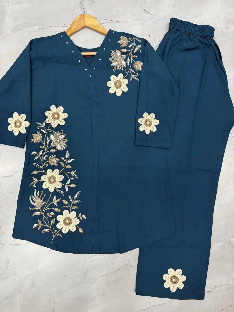 Light Sea Green Multi Thread Embroidered Coord Set flat lay top and pants