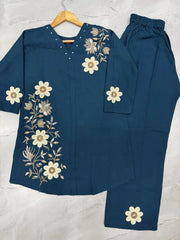 Light Sea Green Multi Thread Embroidered Coord Set flat lay top and pants