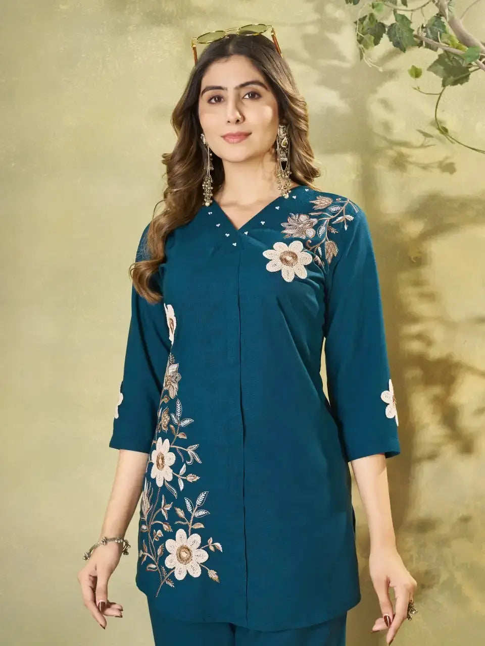 Light Sea Green Coord Set with V-neck and floral embroidery closeup