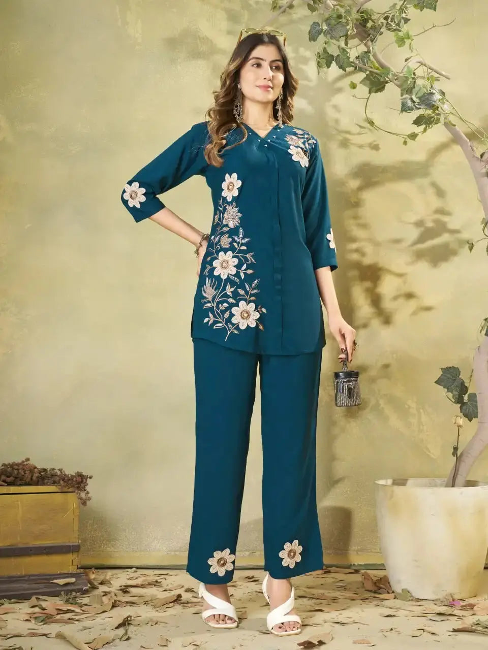 Light Sea Green Multi Thread Embroidered Coord Set - front view full length