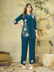 Light Sea Green Multi Thread Embroidered Coord Set - front view full length