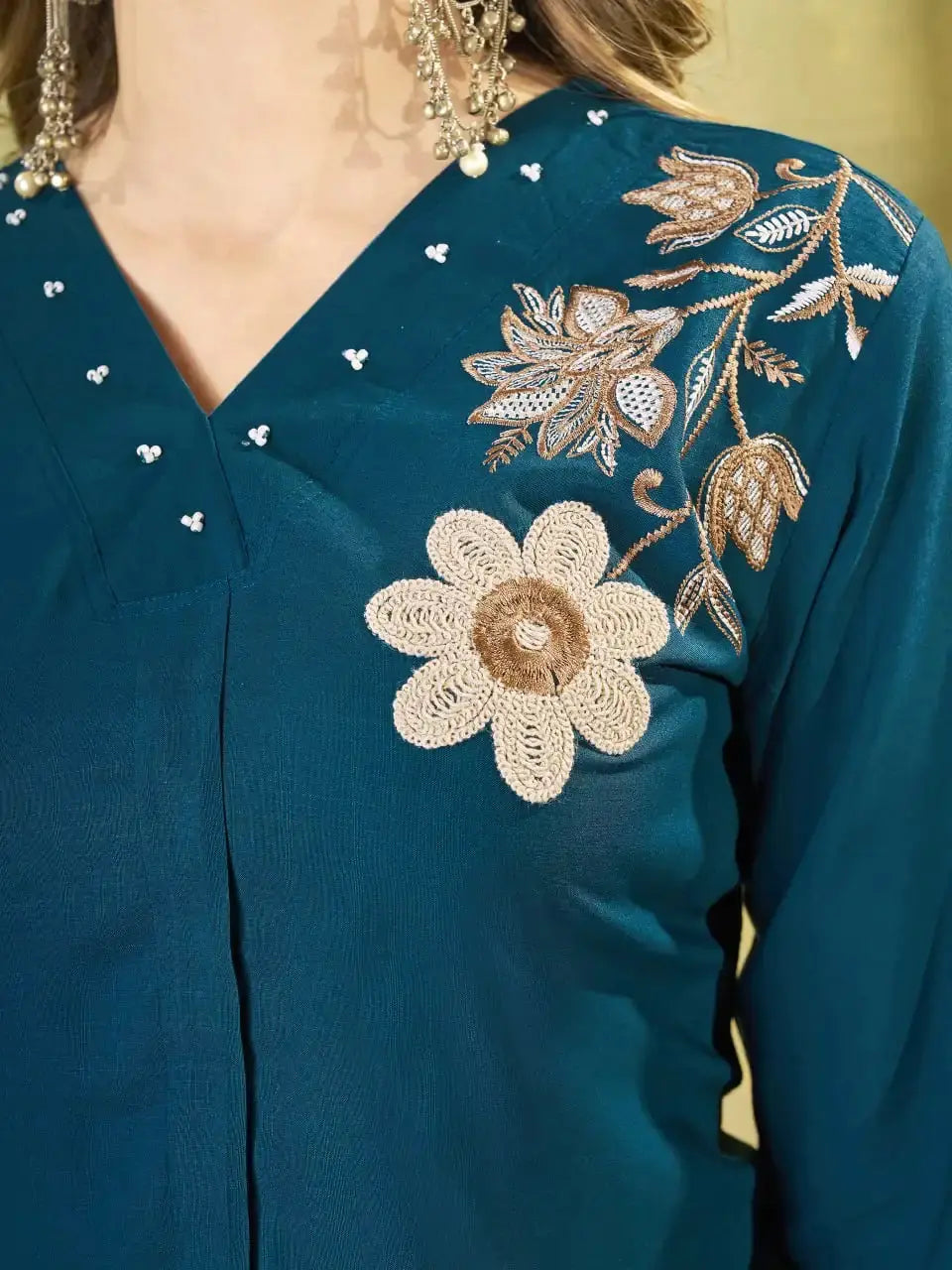 Light Sea Green Coord Set V-neck embroidery detail