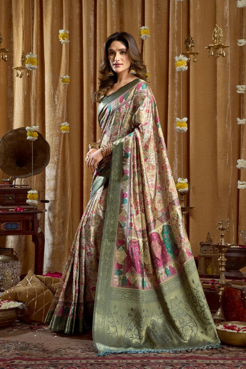 Woman wearing a traditional saree in a decorated room with ornate decor.