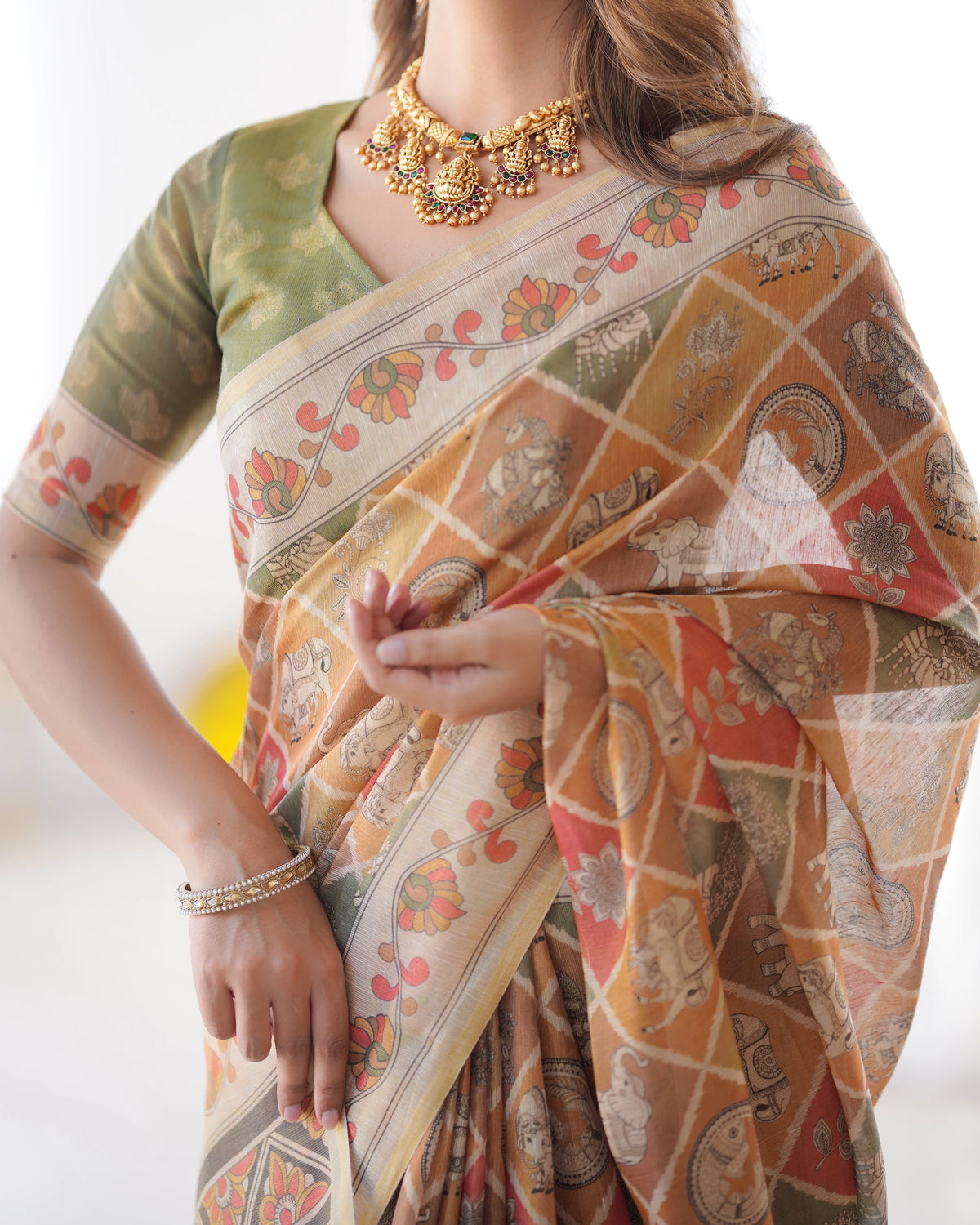 Woman wearing a patterned saree with a gold necklace on a white background