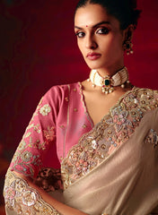 Woman wearing a traditional embroidered saree with a red background