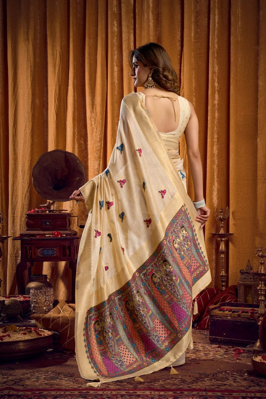 Woman in a cream saree with colorful patterns in an elegant room.