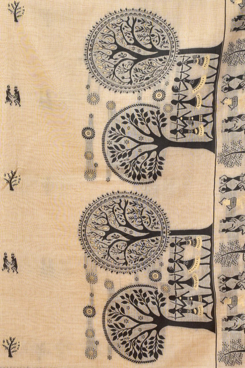 Decorative fabric with black tree and human figure patterns on a beige background